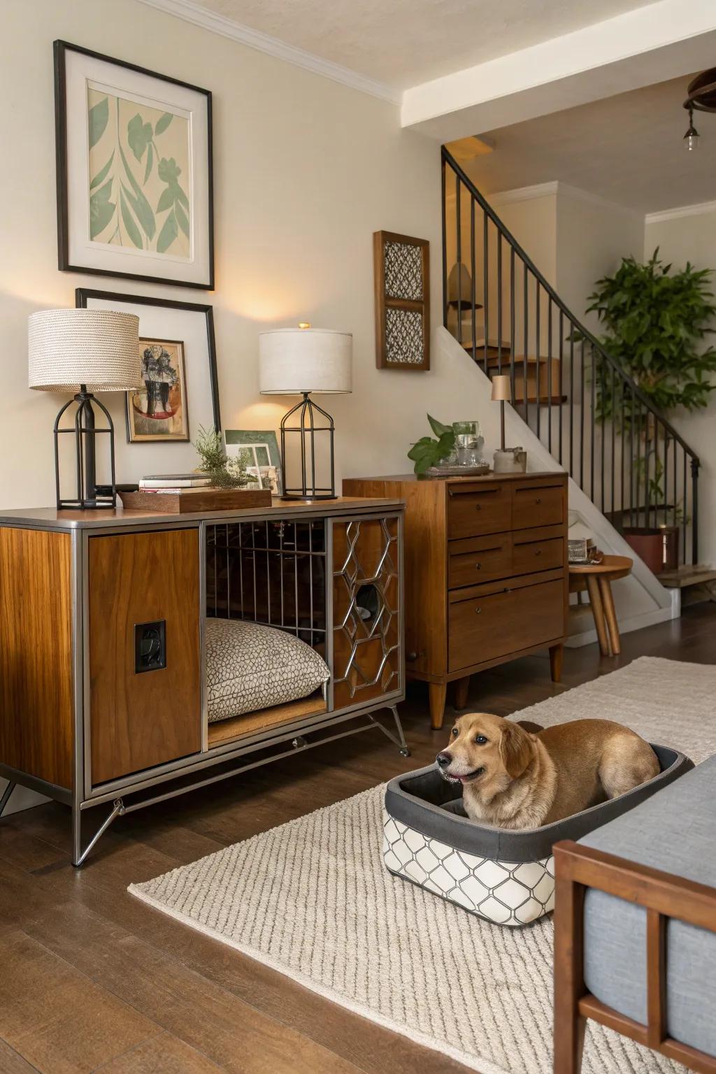 Harmonizing nostalgic aesthetics with contemporary pet indulgence in this mid-century dog abode.