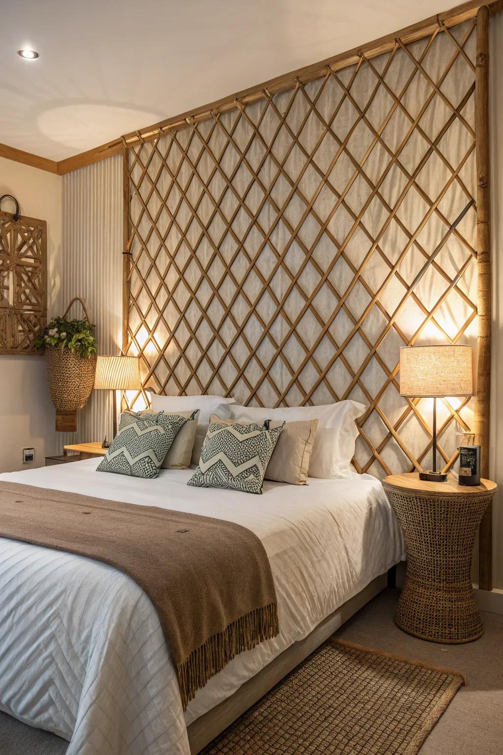Lattice wall serving as a stunning headboard feature in the sleeping area.