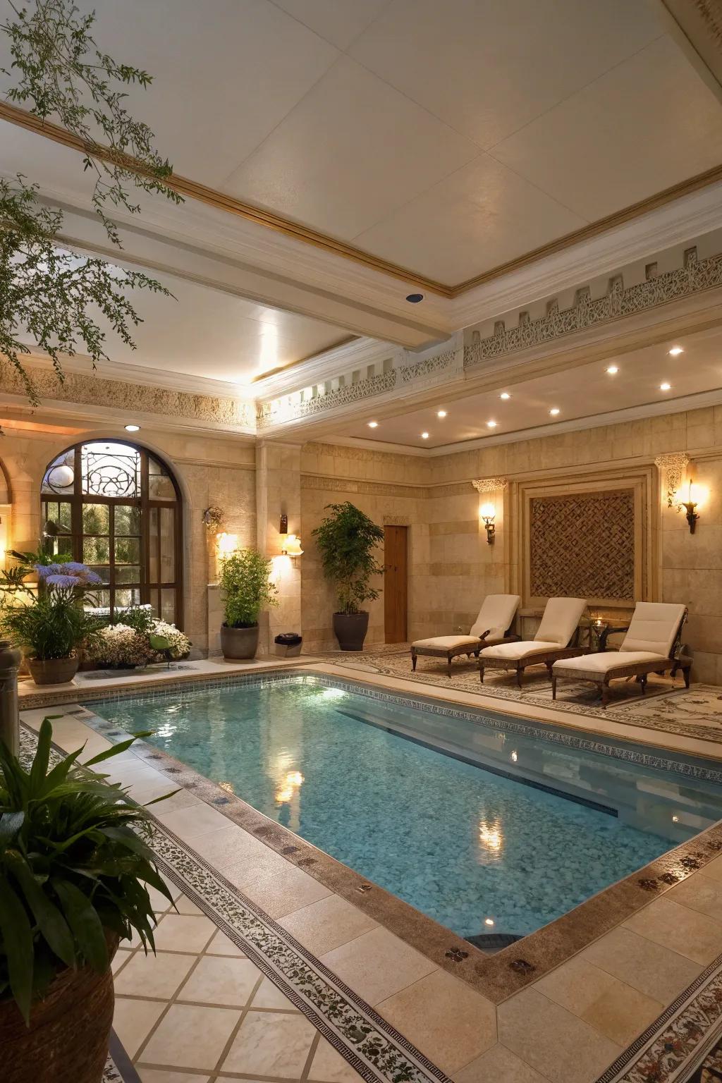 A tight indoor pool exhibiting lavish layout aspects