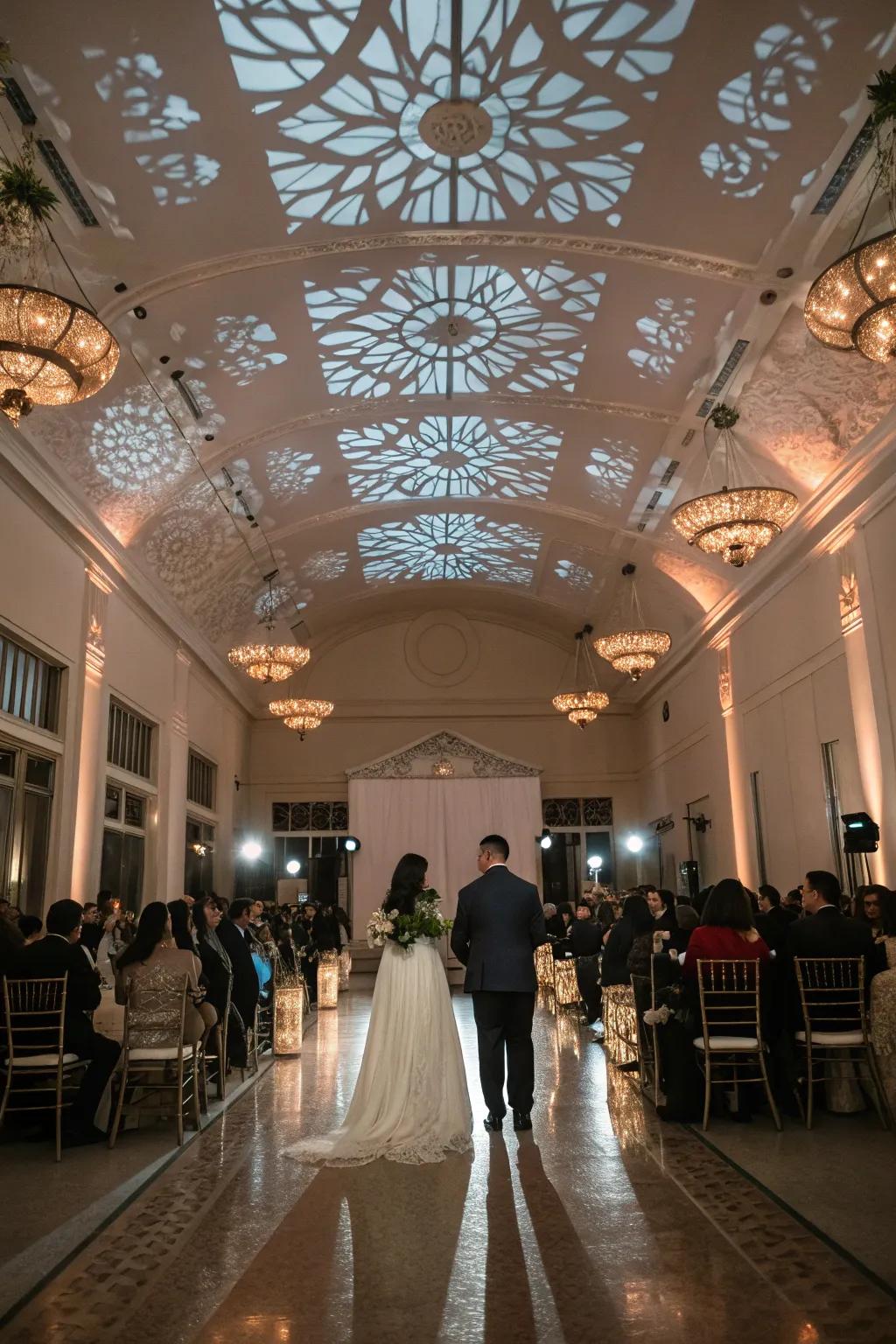 Overhead displays adding drama and class to the wedding decor.