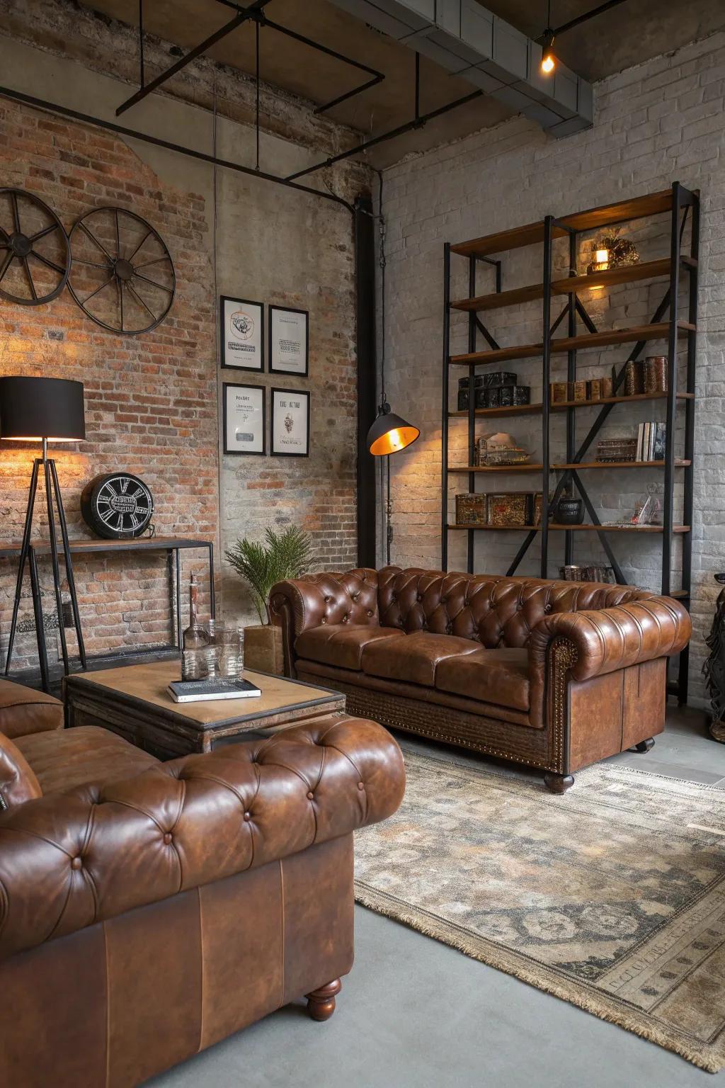 Leather furniture adds a luxurious touch to industrial decor.