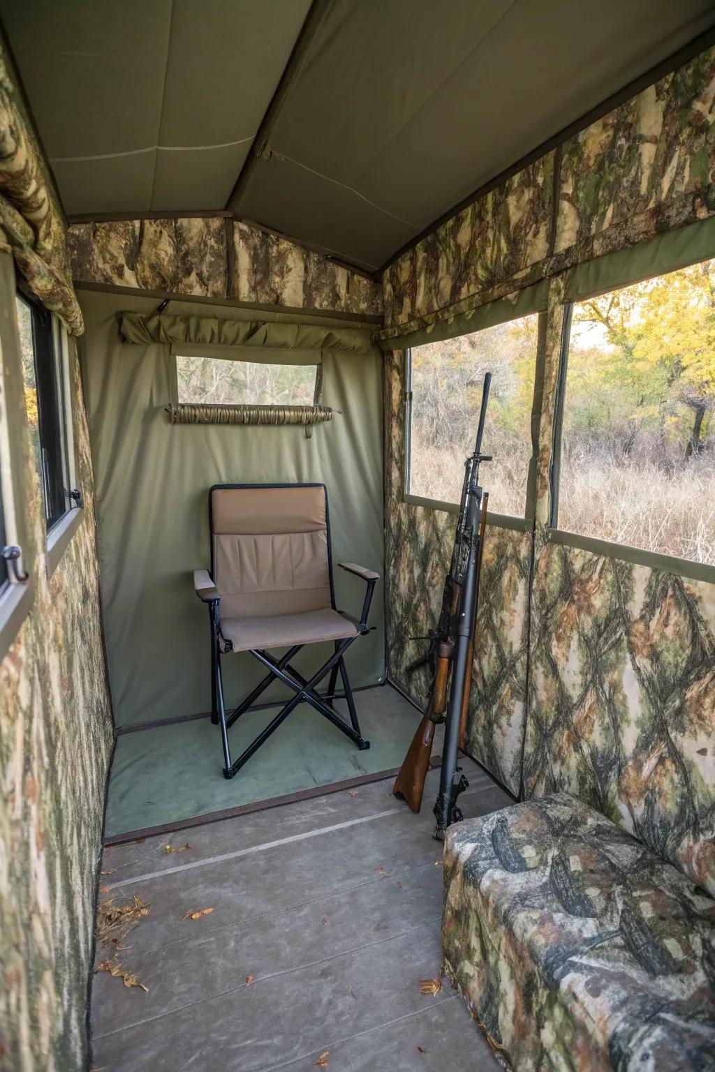 Camouflaging components facilitate a seamless integration of your blind within its surrounding environment.