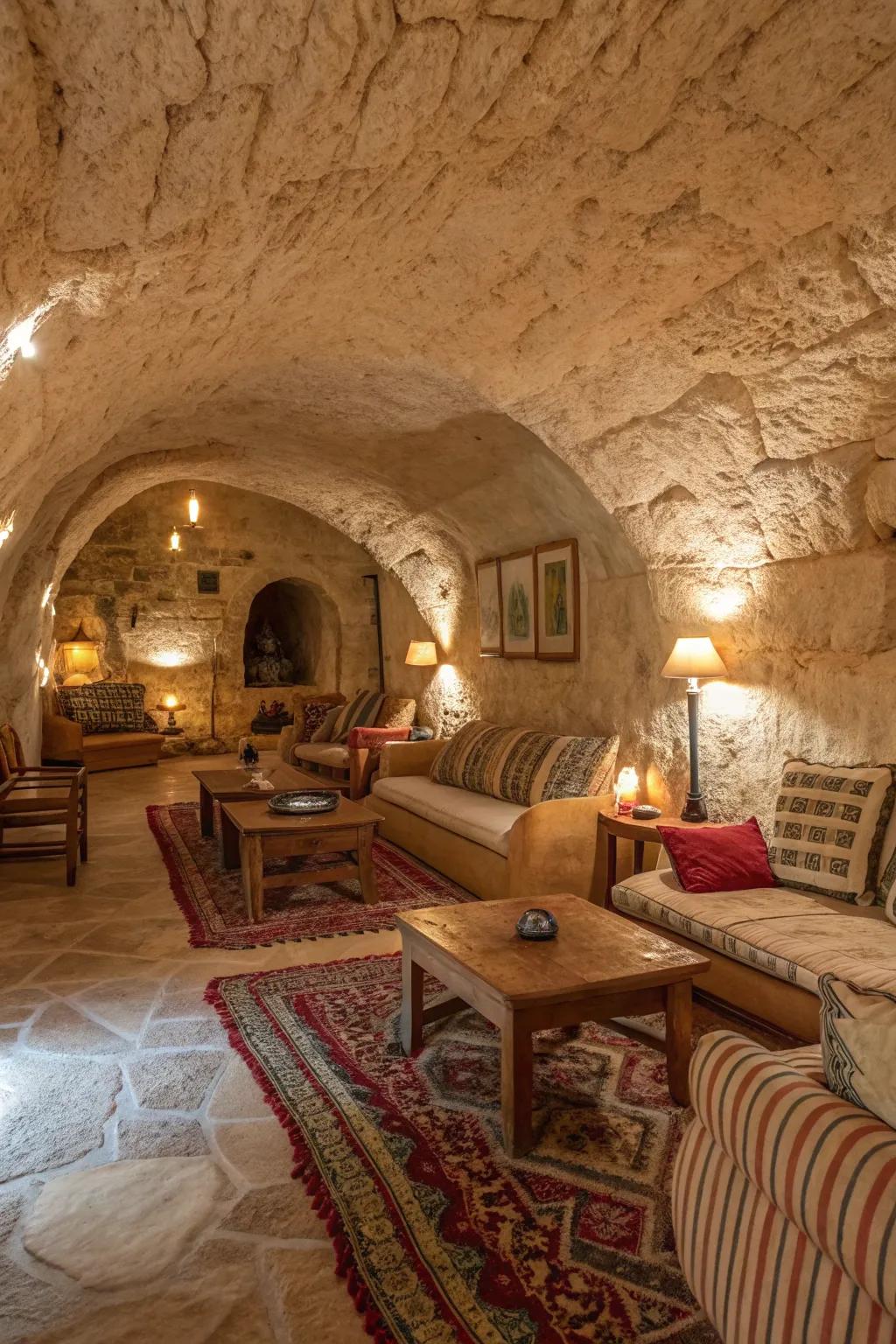 Terrene tonalities fashion a pacifying and welcoming below-ground retreat.