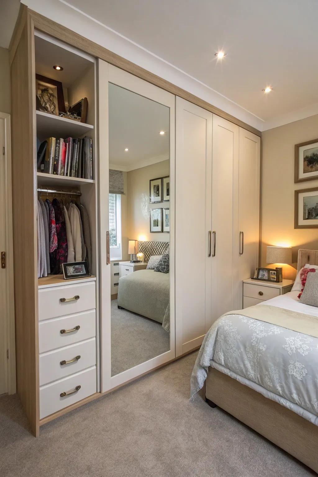 Integrated mirrors add depth and practicality.