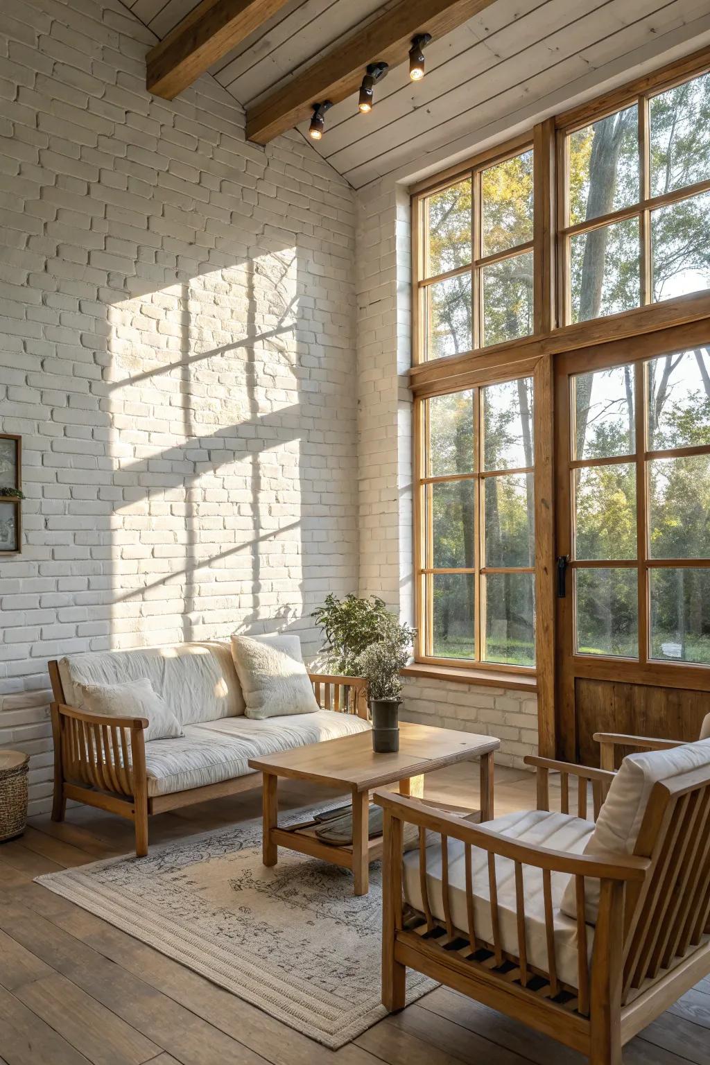 A bright and airy living area with a white-painted brick wall, enhancing the open and breezy ambiance.