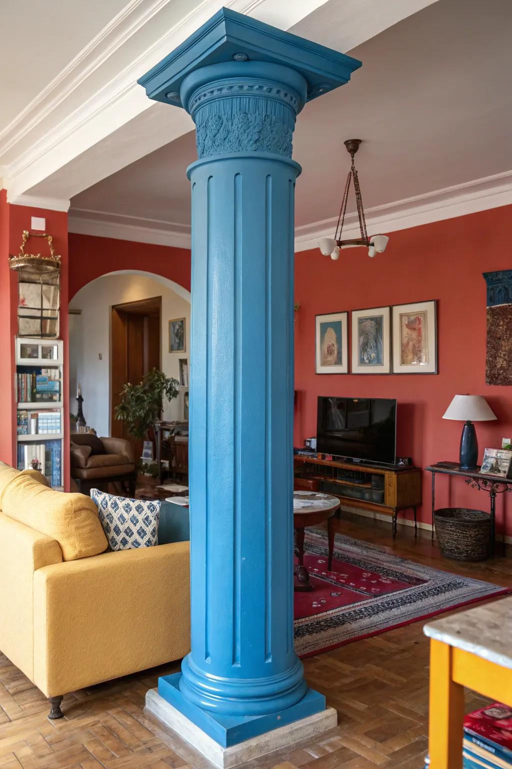 Vibrant paints transforming columns.