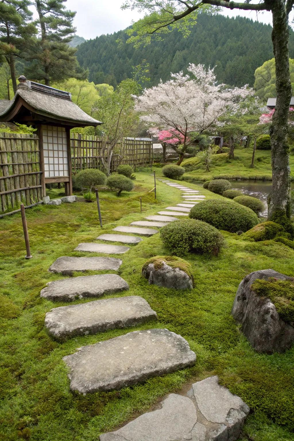 Enticing walkway rocks set in rich moss.