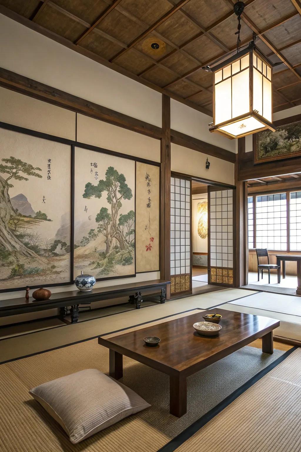 Traditional art pieces add cultural richness to this Japanese living room.