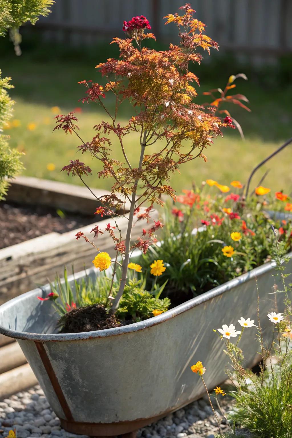 A unique approach to gardening using a repurposed metal tub as a planter.