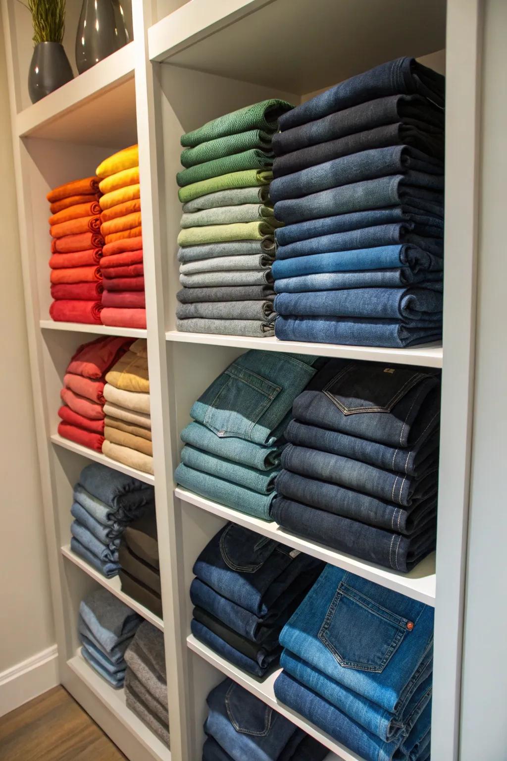 Transform a bookcase into a stylish jeans storage unit.