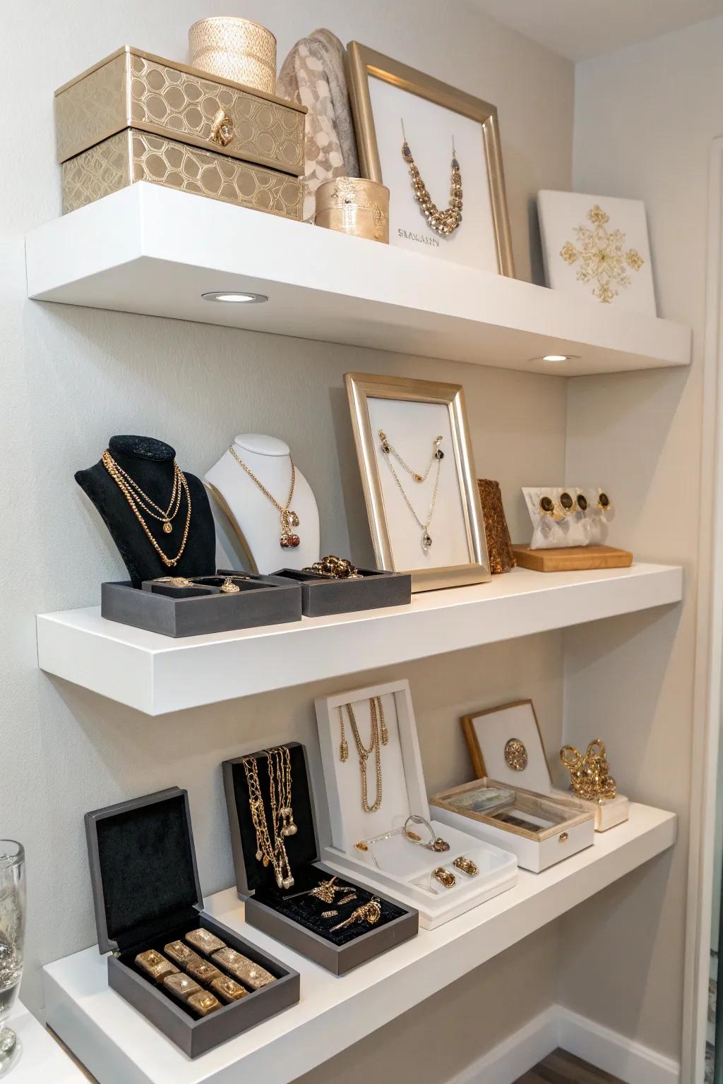 Hanging ledges exhibiting jewelry
