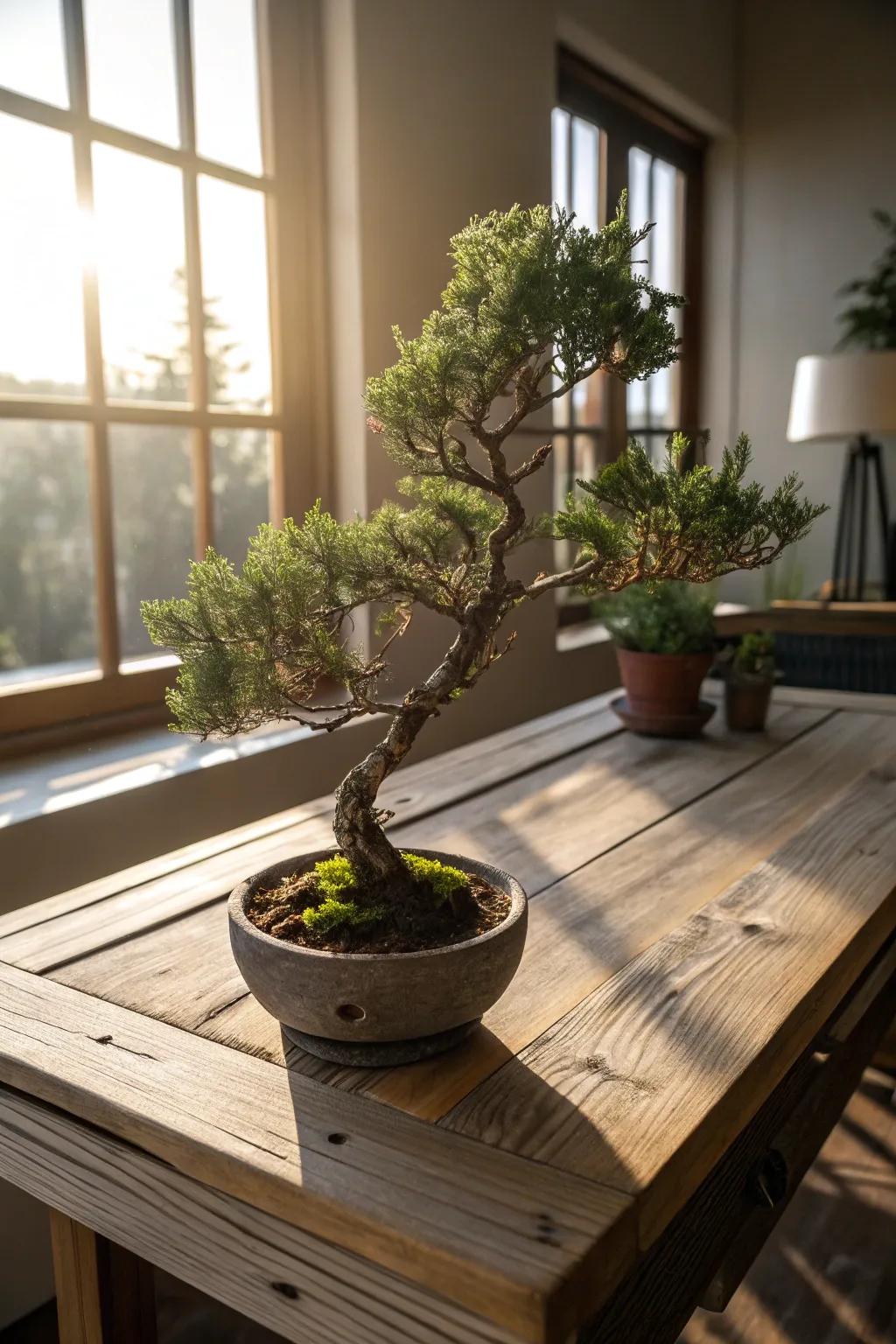 A windswept juniper bonsai bringing a sense of adventure to a rustic wooden table.
