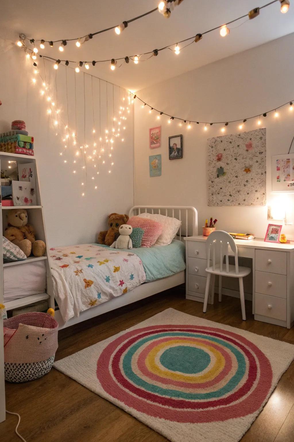 Decorative lights give the room a warm, captivating glow.