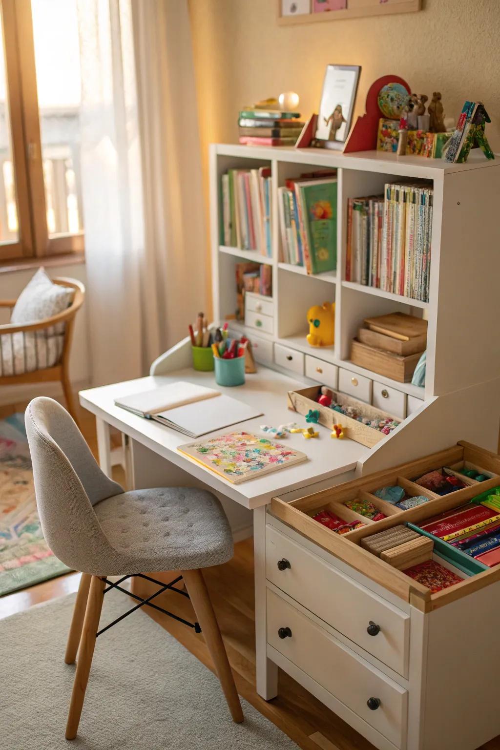 Multi-functional desks perfectly balance learning and leisure.