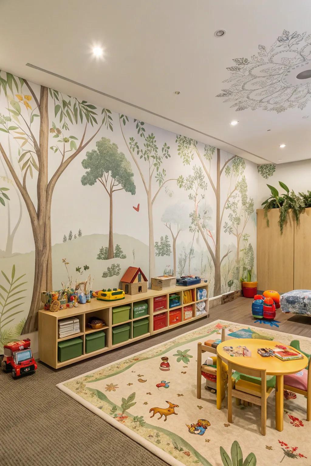 A playroom featuring nature-themed wall decor that integrates the calmness of the outdoor environment on the inside.