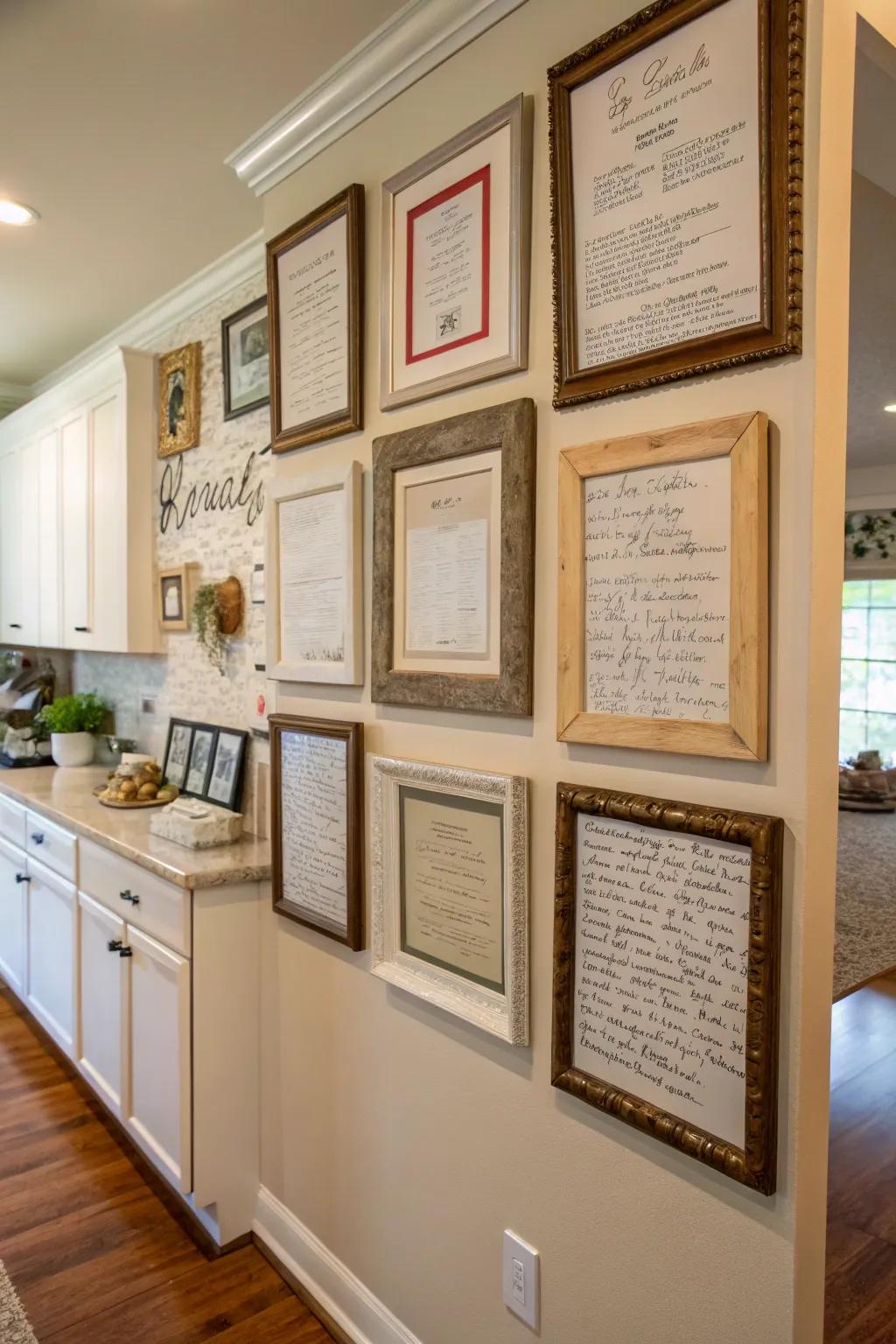 The past is lovingly remembered with framed family recipes.