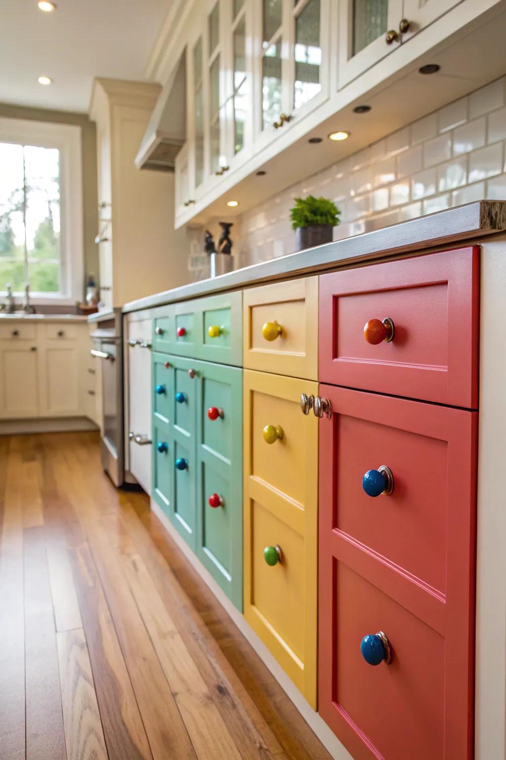 Vibrant hardware instantly revitalizes kitchen decor.