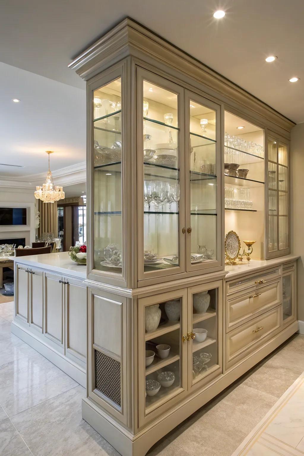 A glass-front sideboard offers classic elegance and stylish organization.