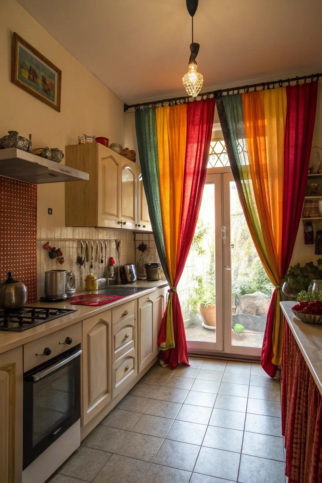 Bright-colored curtains morph the kitchen into a spirited area.