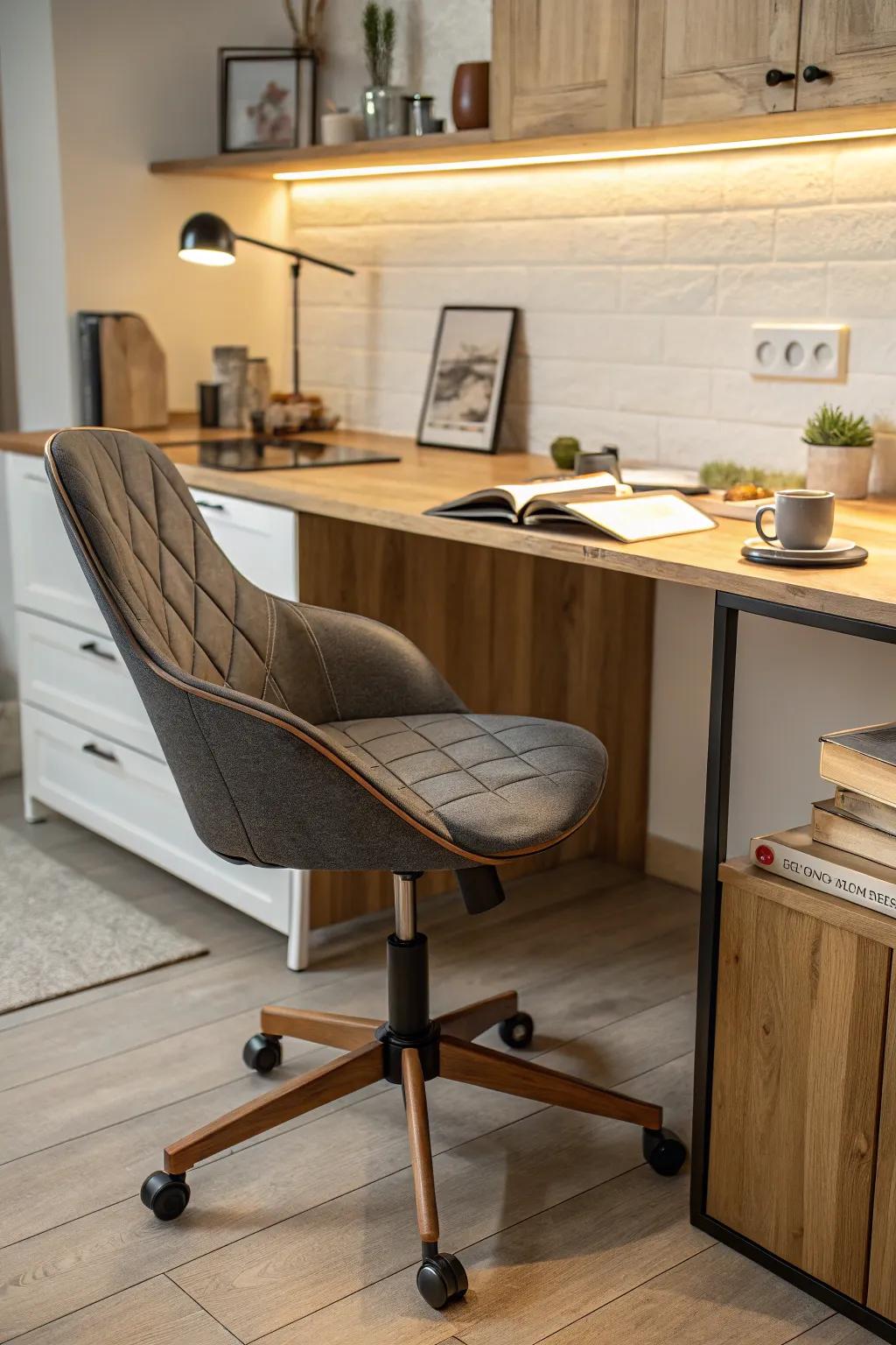 An ergonomic and stylish chair enhancing the kitchen desk area.
