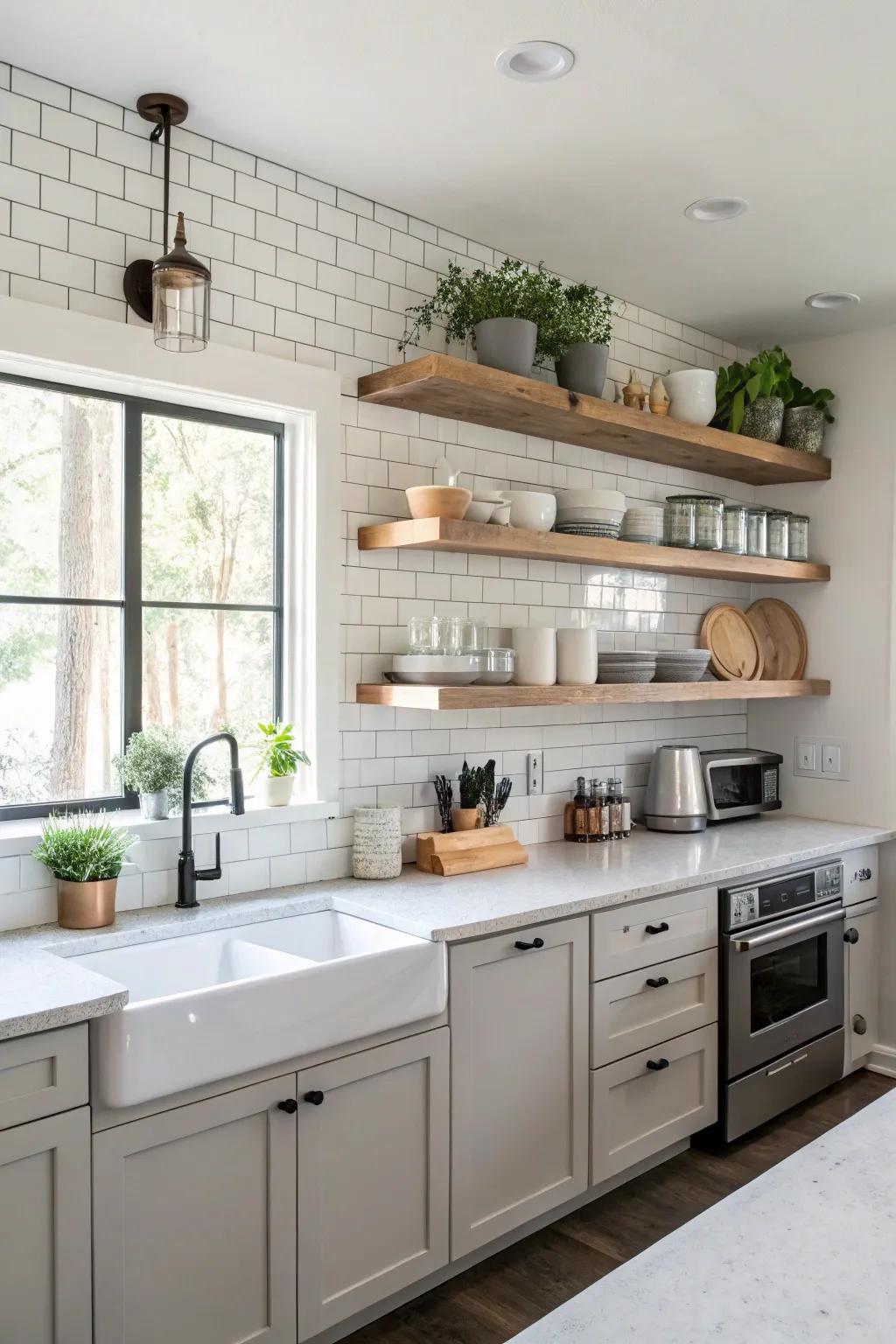 Strategically placed shelves maximize kitchen space.