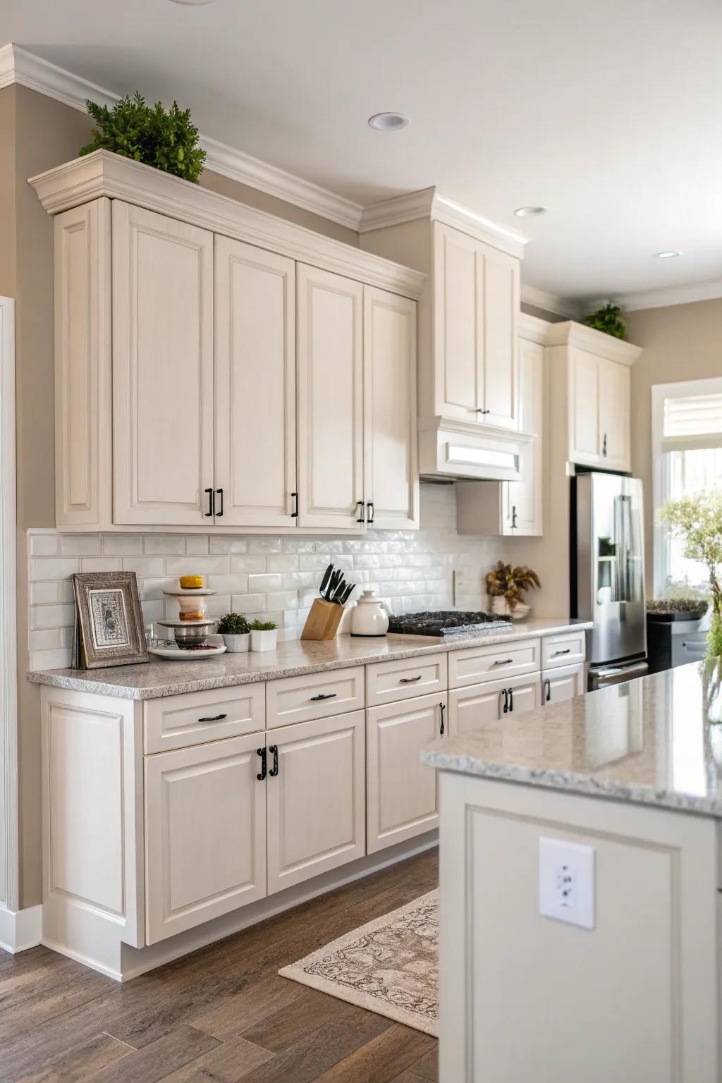 Light fawn walls offer a warm and sophisticated backdrop.