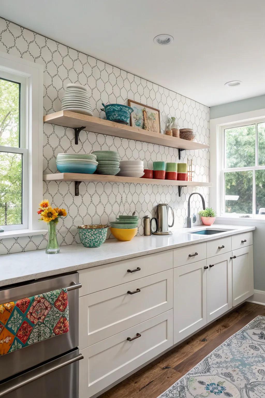A kitchen with a custom backsplash and display shelving for a personal touch.