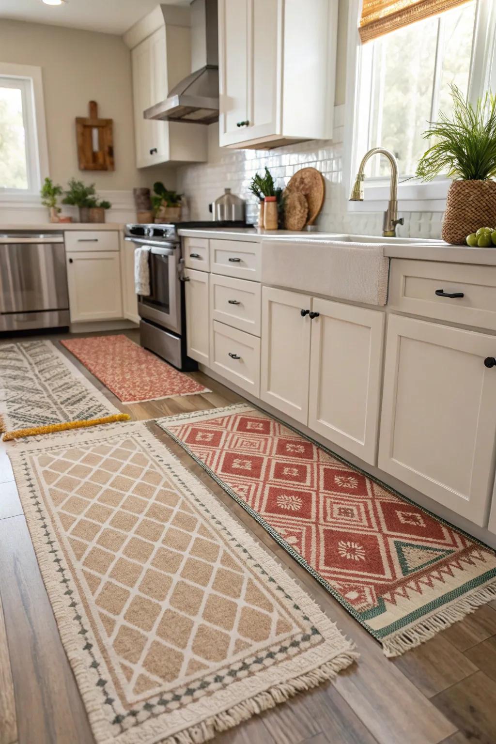 Layering rugs featuring diverse patterns elevates the depth and intrigue of your kitchen.