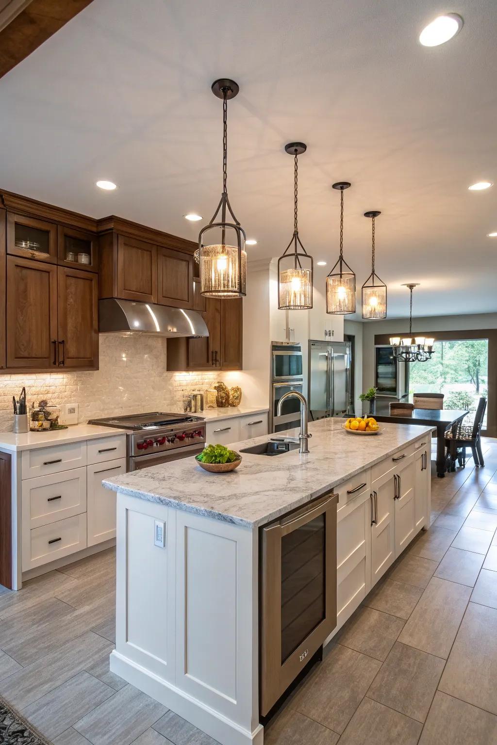 Designer hanging lights matched with recessed lighting in a cooking area.