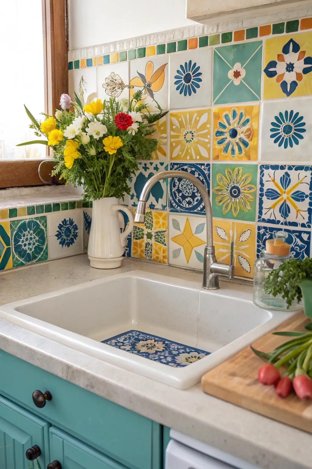 A lively kitchen sink area enhanced with colorful tiles and decor.