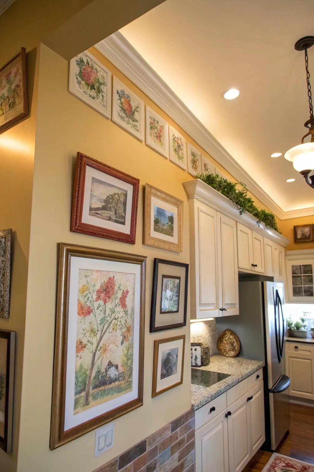 Artwork displayed on a kitchen soffit, adding a touch of personality.