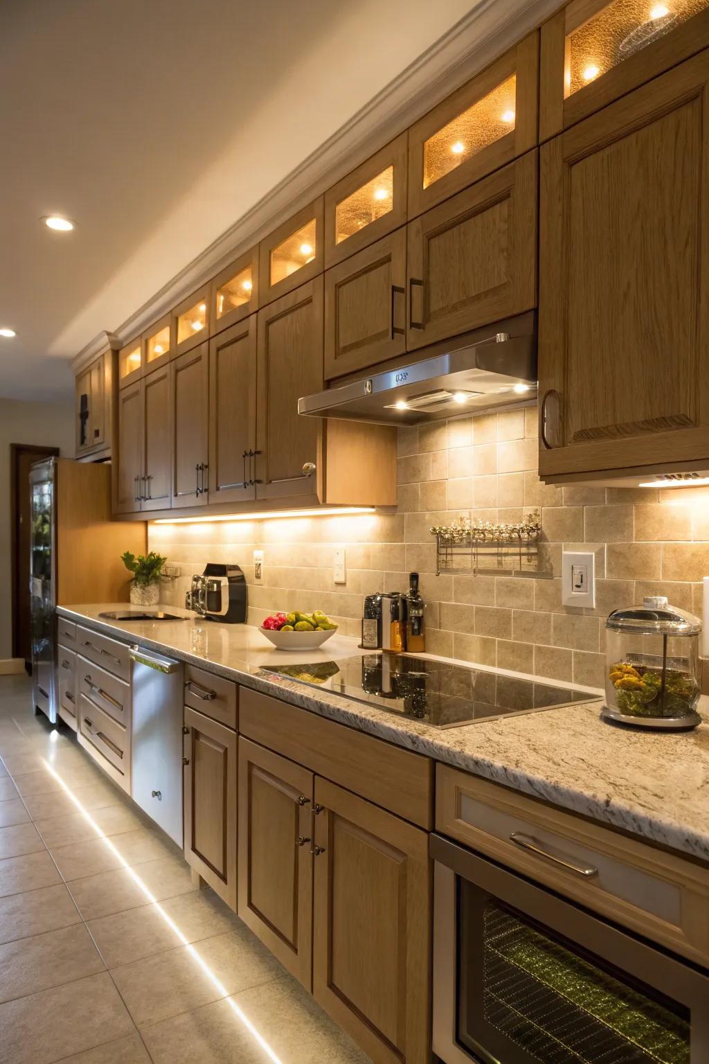 Under-cabinet track lighting for a cozy kitchen atmosphere.
