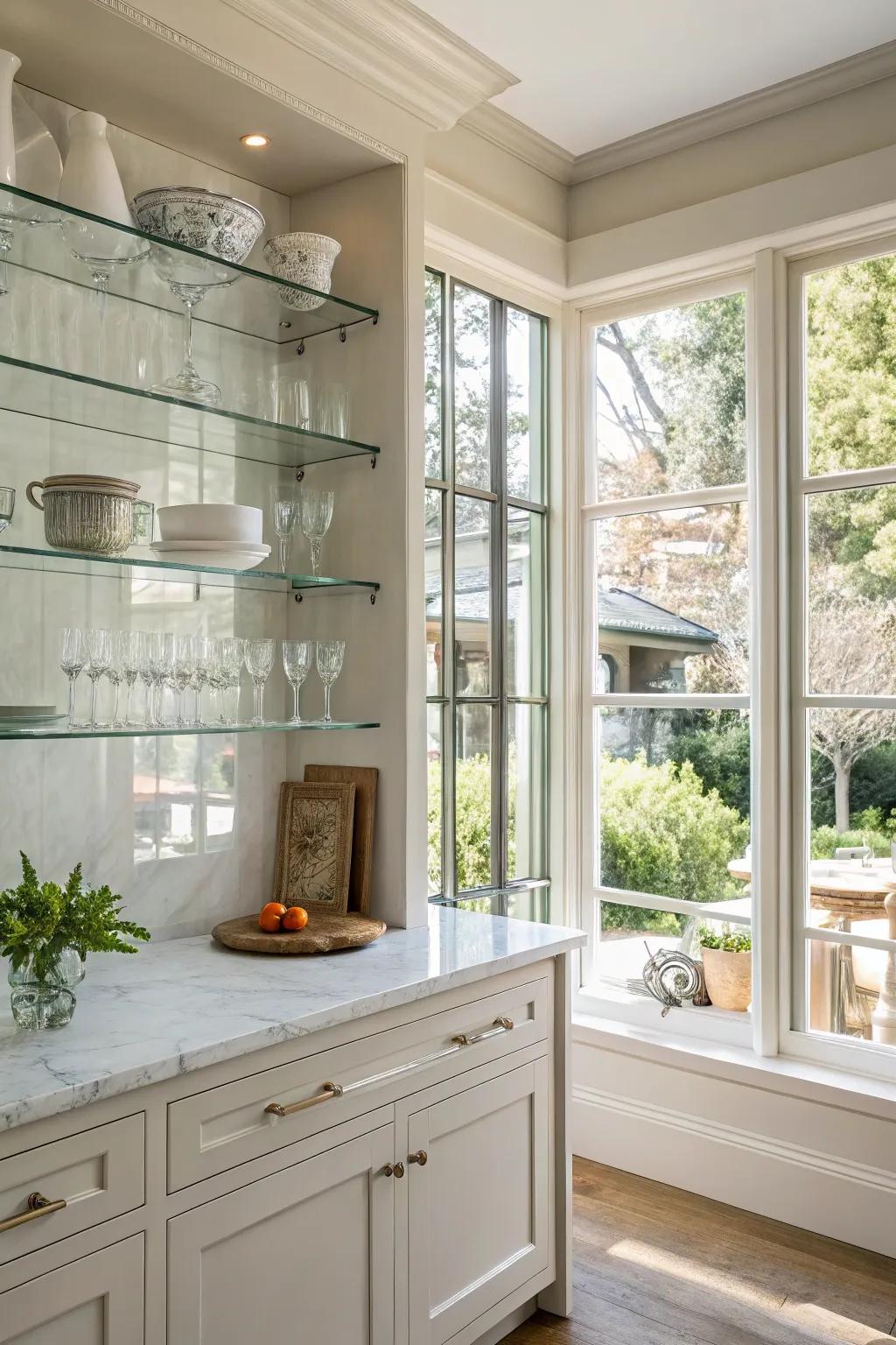 Glass shelves keep an airy, spacious atmosphere, perfect for smaller kitchens.