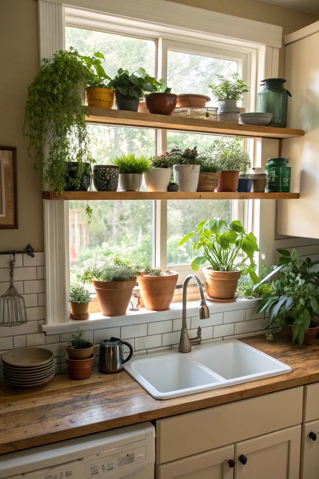 Integrated ledges positioned beneath a culinary pane adorned with ornamental botanicals.