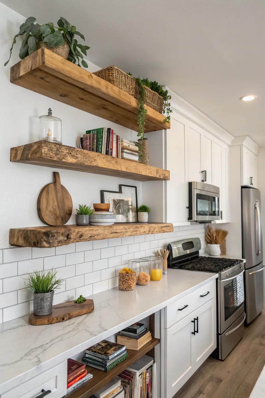 Raw-edge shelves carry nature and elegance into your kitchen.