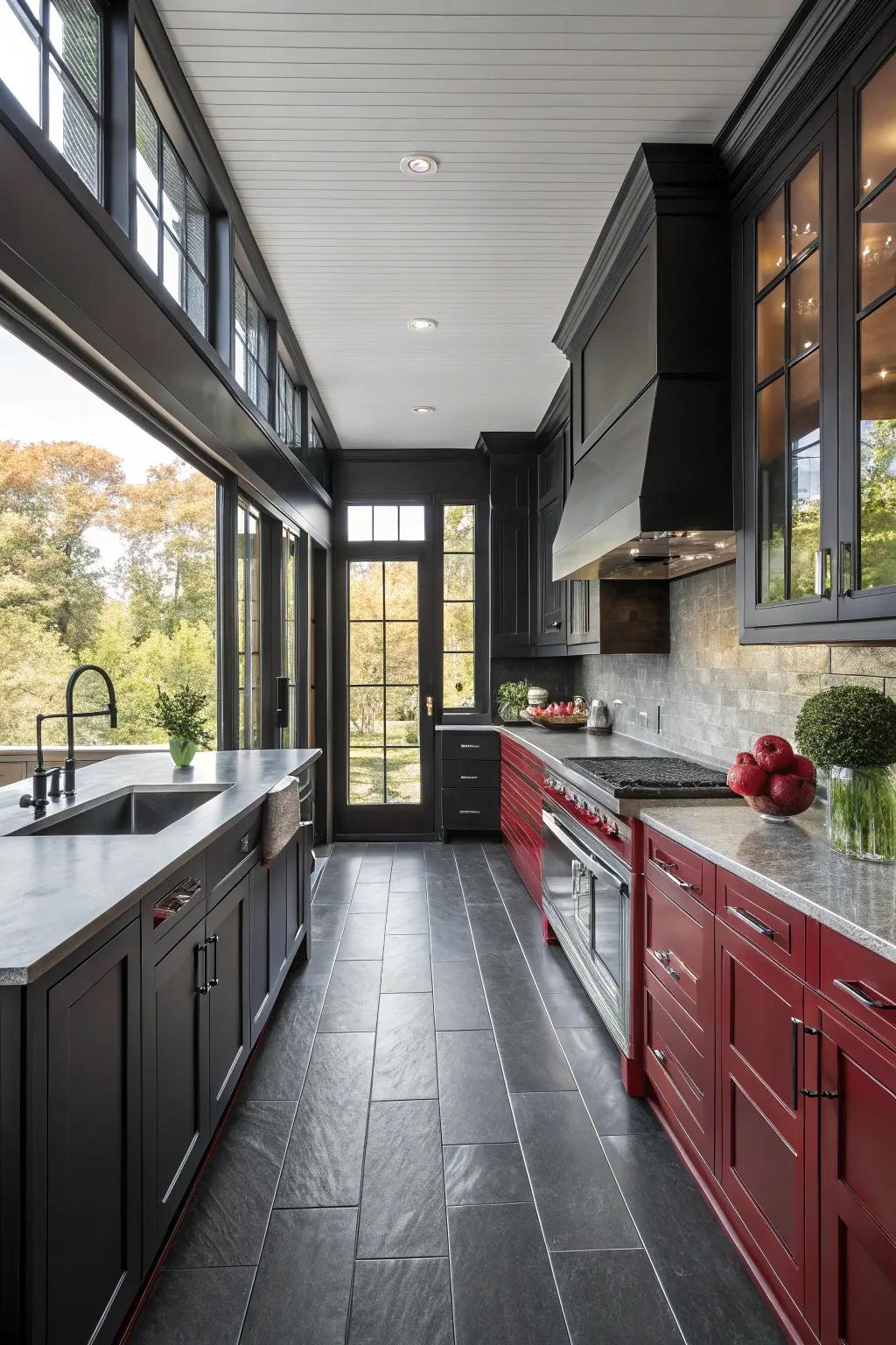 Dark cabinets with dark floors create a dramatic and bold kitchen design.