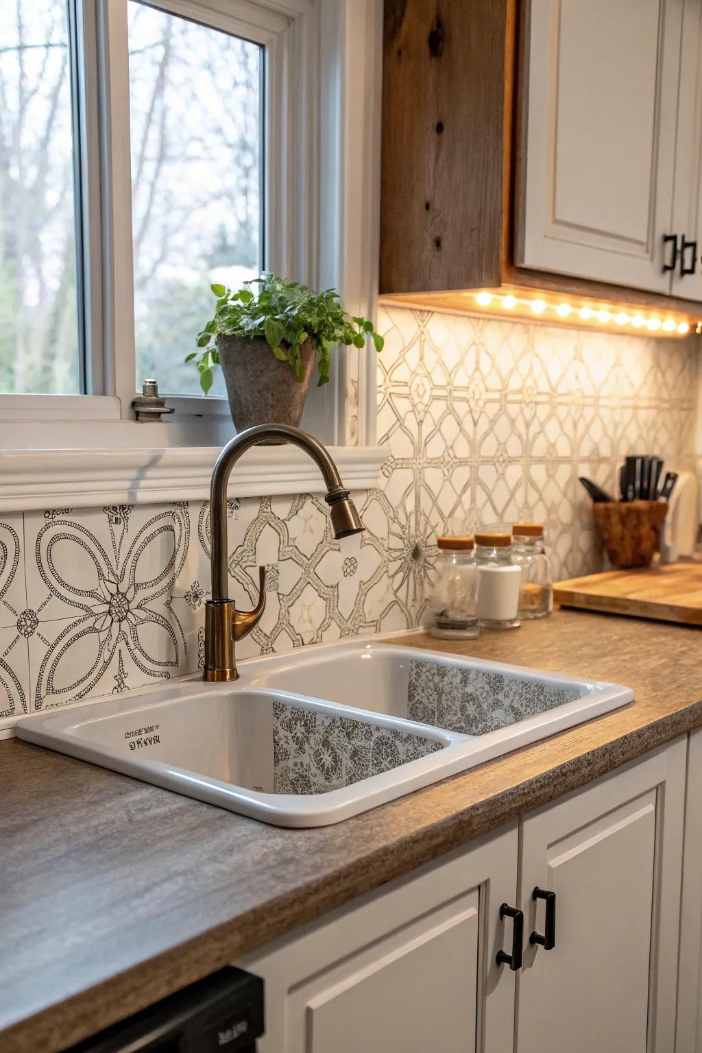 Practical composite backsplash surrounding the cooking area basin area.