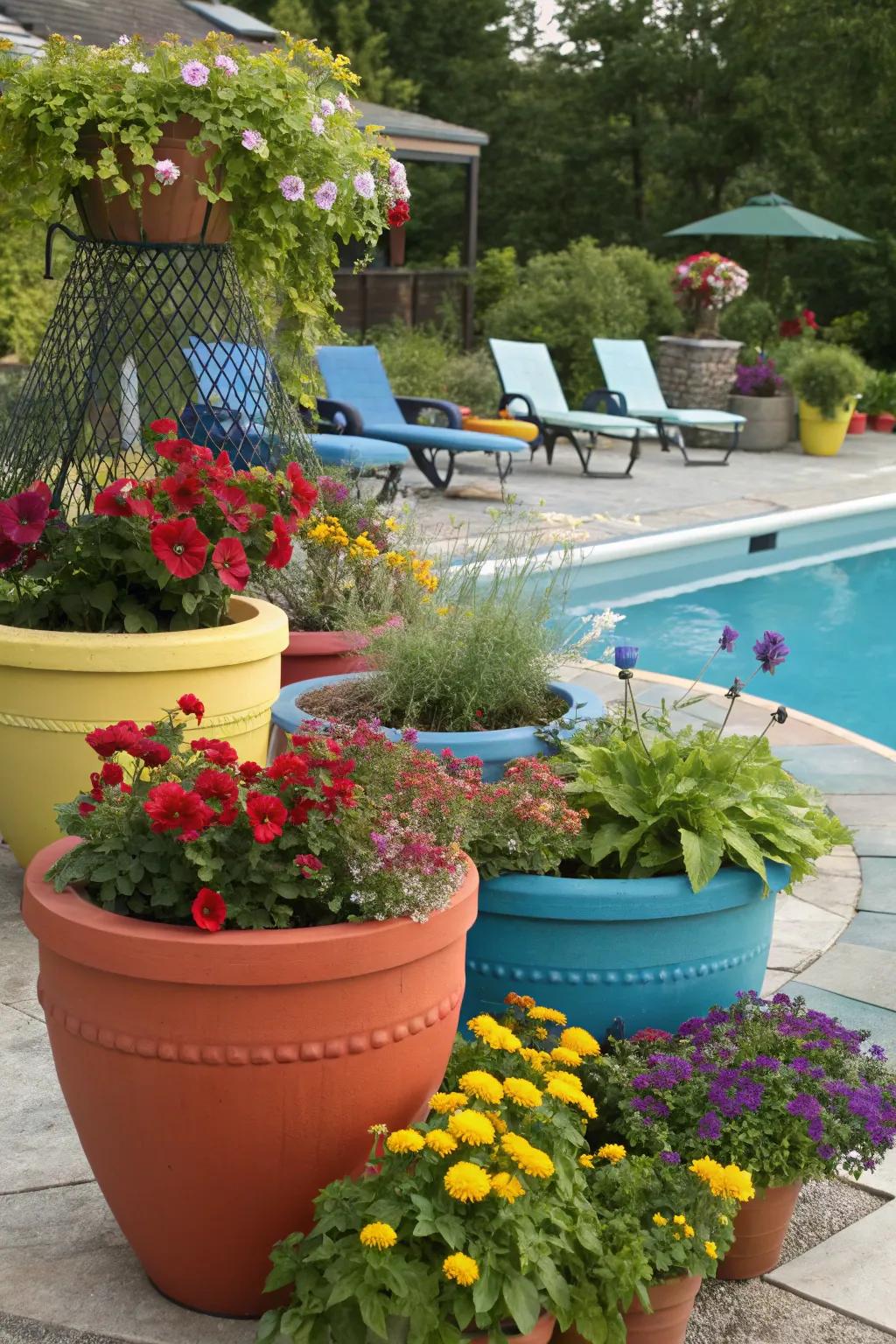 Pots and plants add decorative components that help disguise pool equipment.