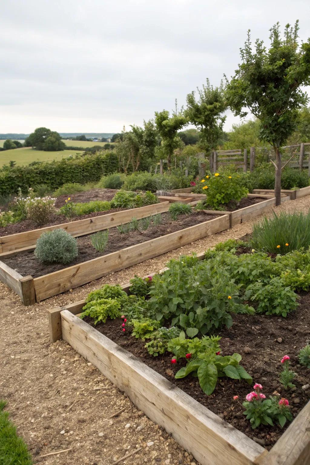 Timbers are superb for outlining mulched garden sections.