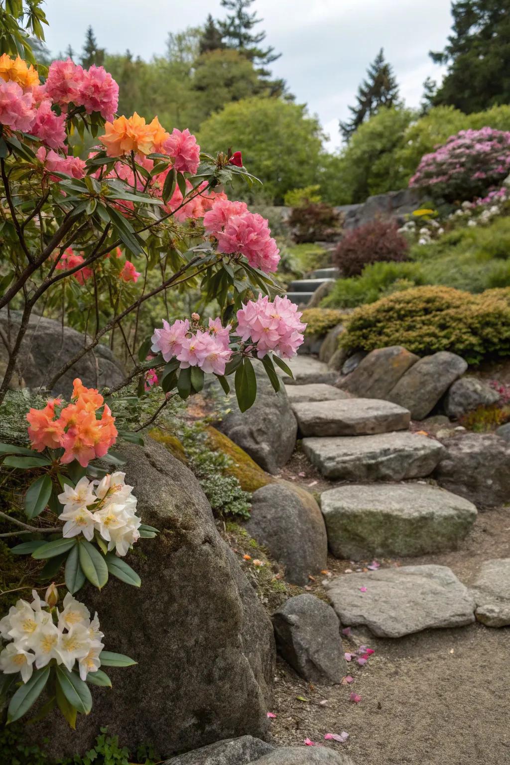 Rhododendrons contributing chromatic vibrancy to a stone garden milieu.