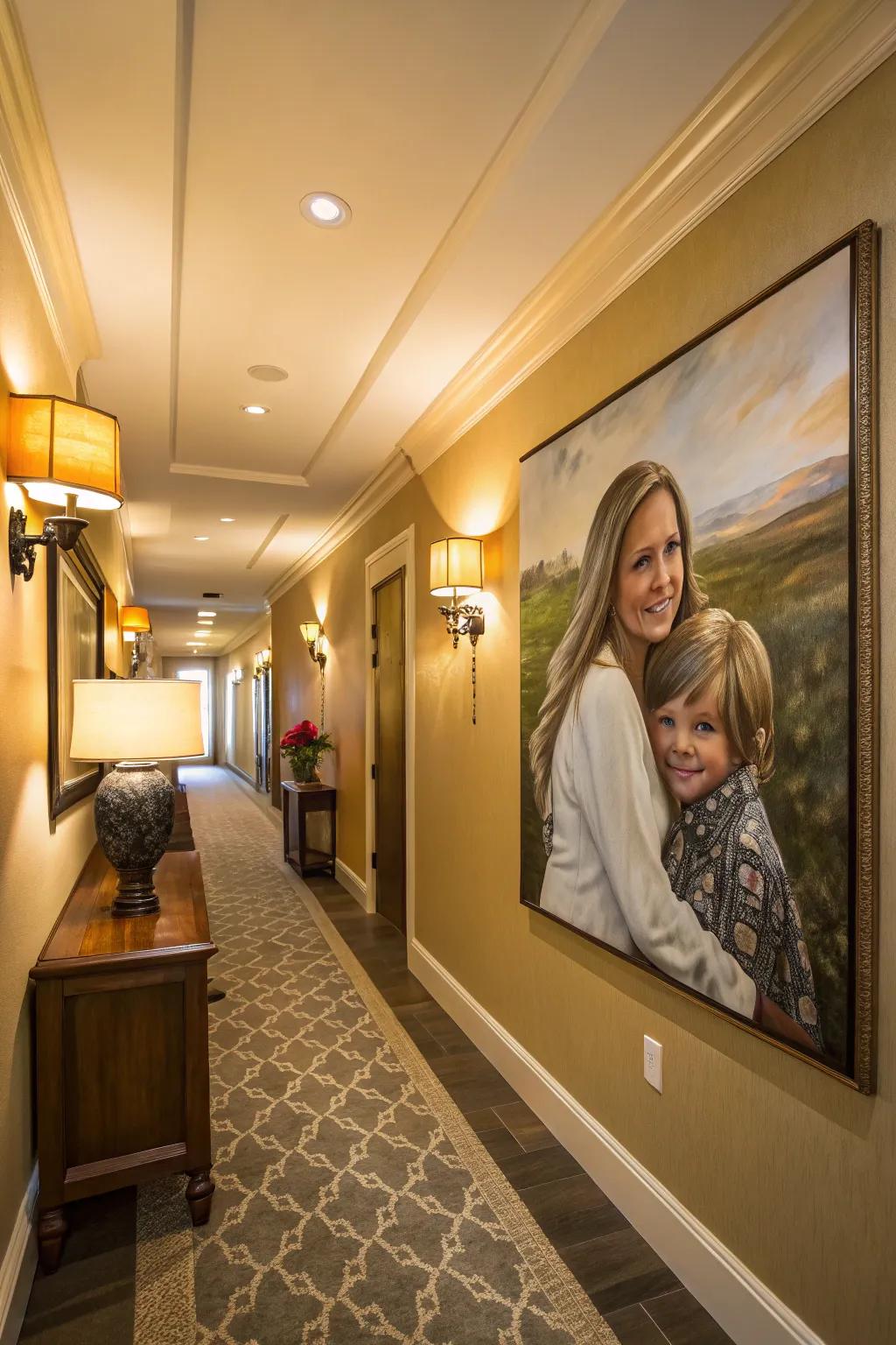 A personalized portrait painting adds a heartfelt touch to the home.