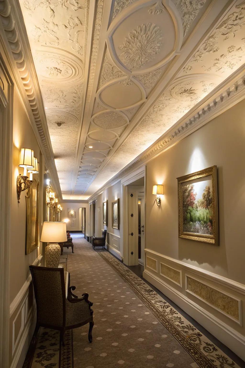 A beautifully adorned corridor featuring ample sized crown shaping, amplifying its class.