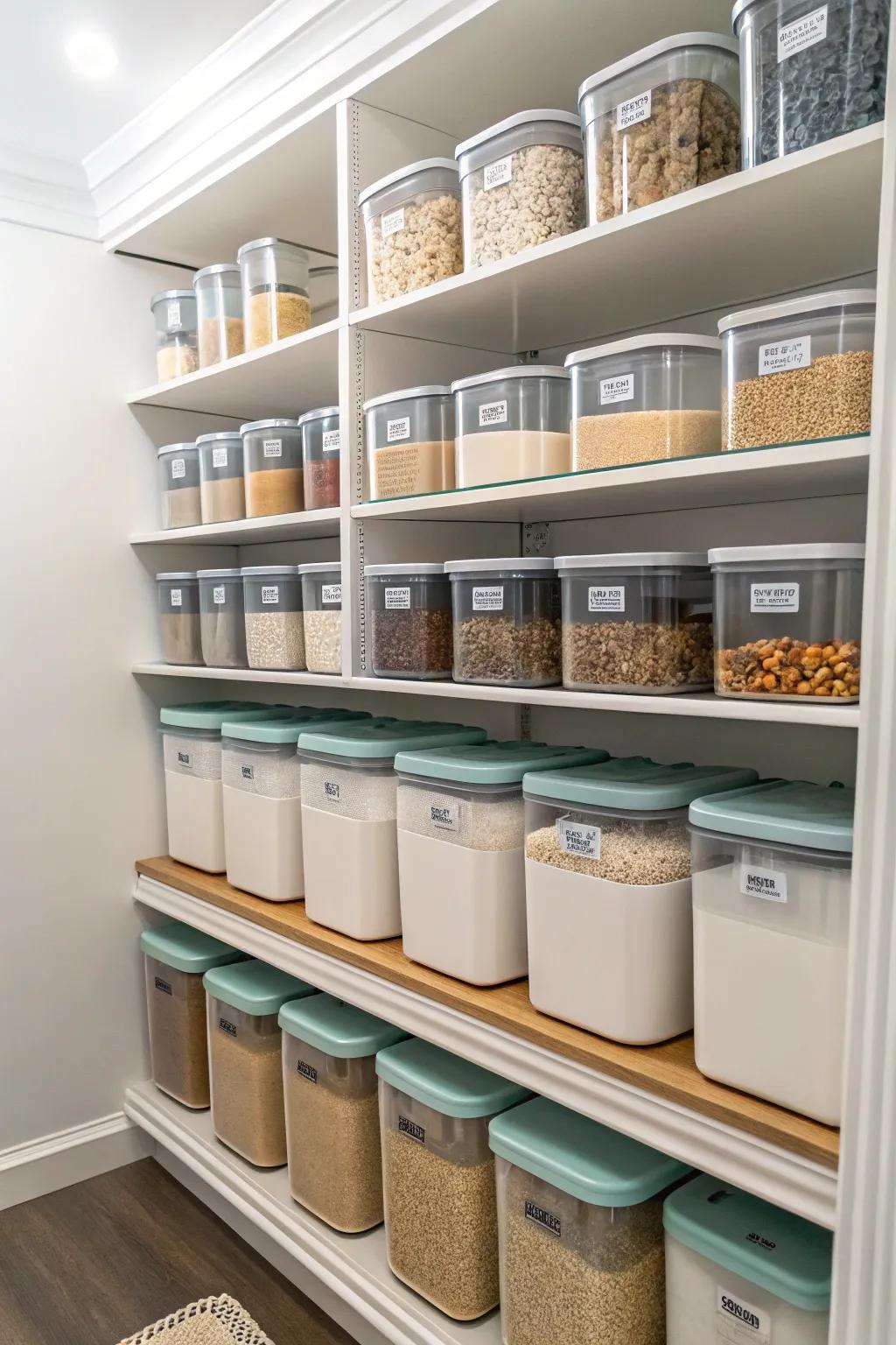 Matching containers make your pantry look clean and organized.