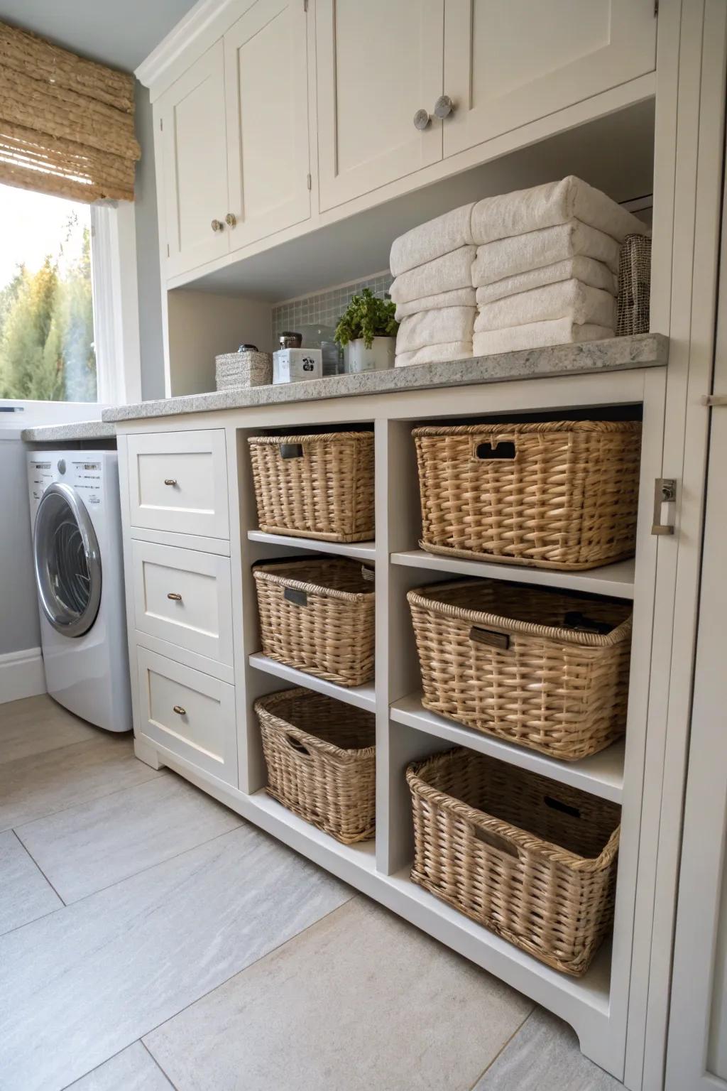 Open base cabinets present convenient hamper storage alternatives.