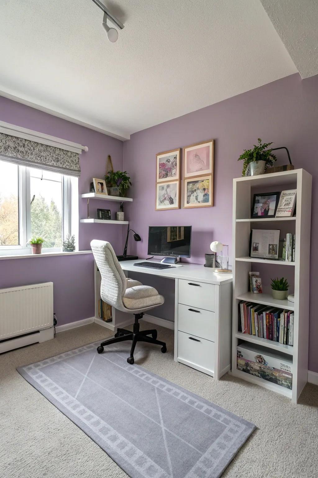 A relaxing home office featuring lavender walls and a desk pad for a focused work environment.