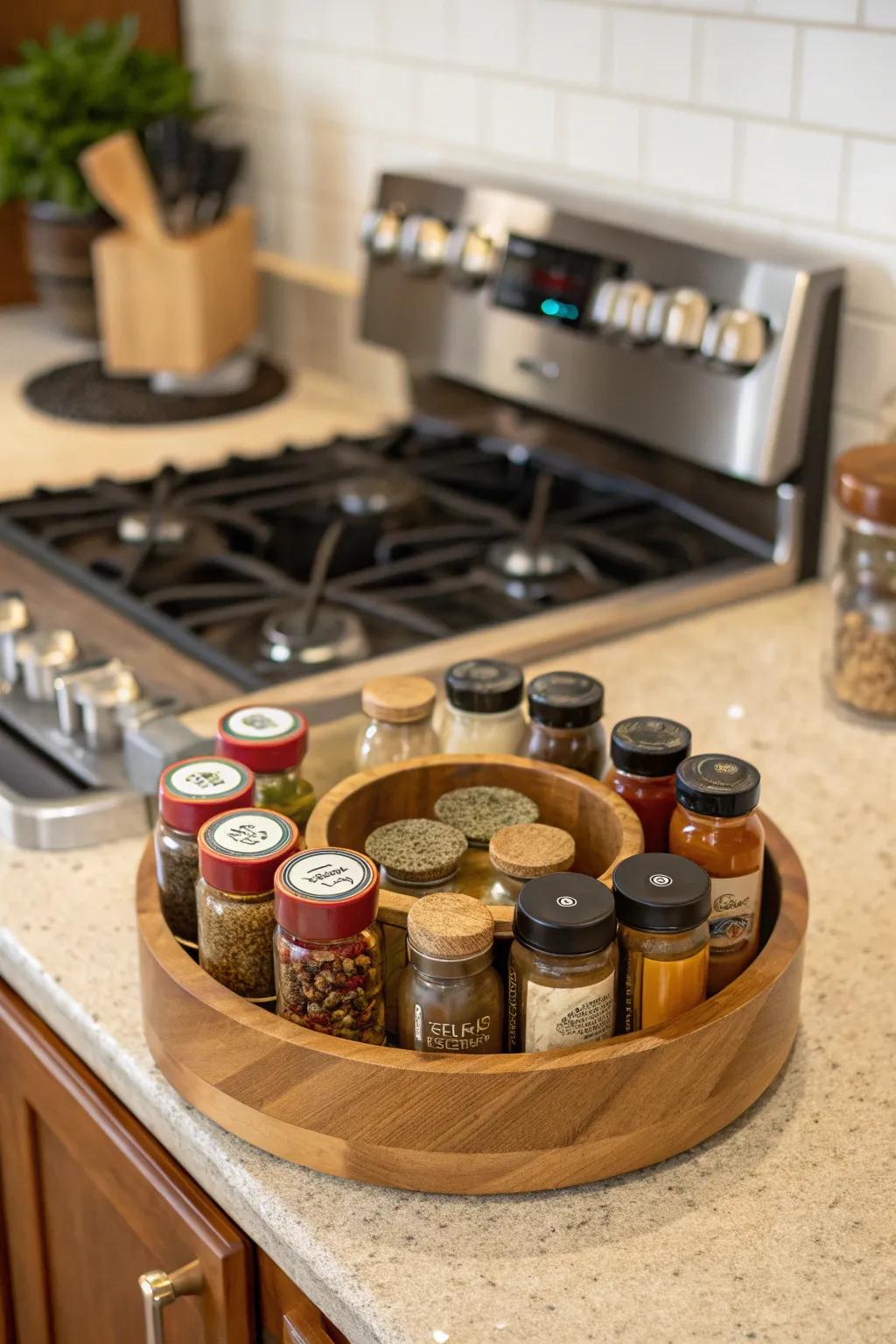 An orderly arrangement of flavorings on a rotating tray for effortless access.
