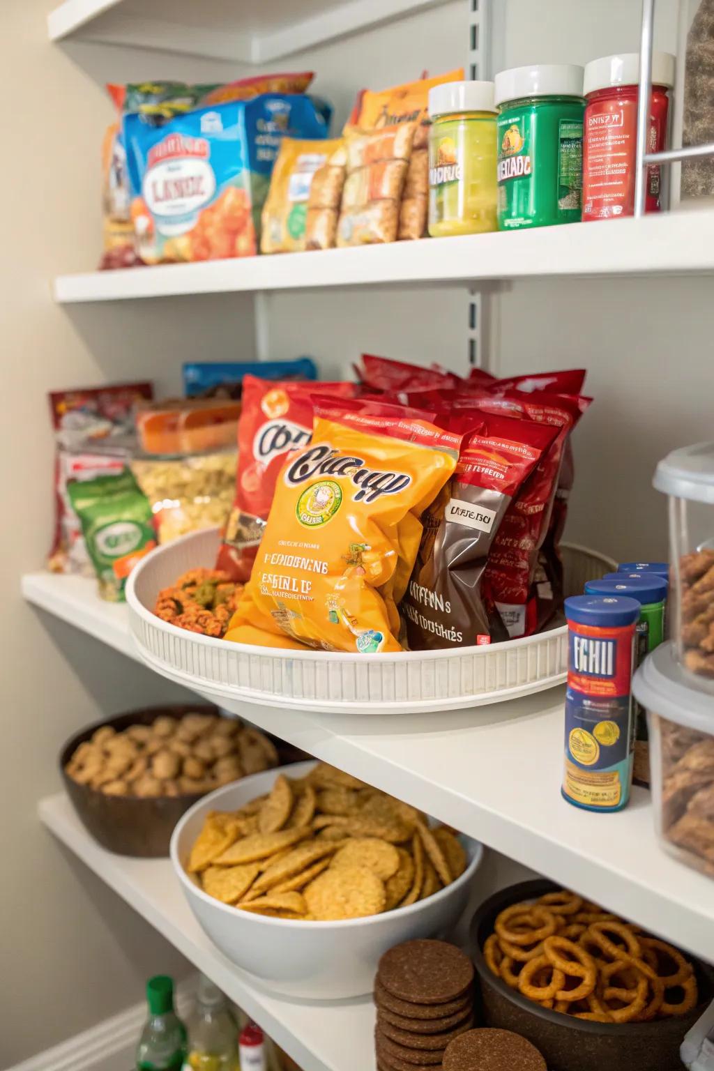 Organize snacks effectively with a dedicated turntable organizer.