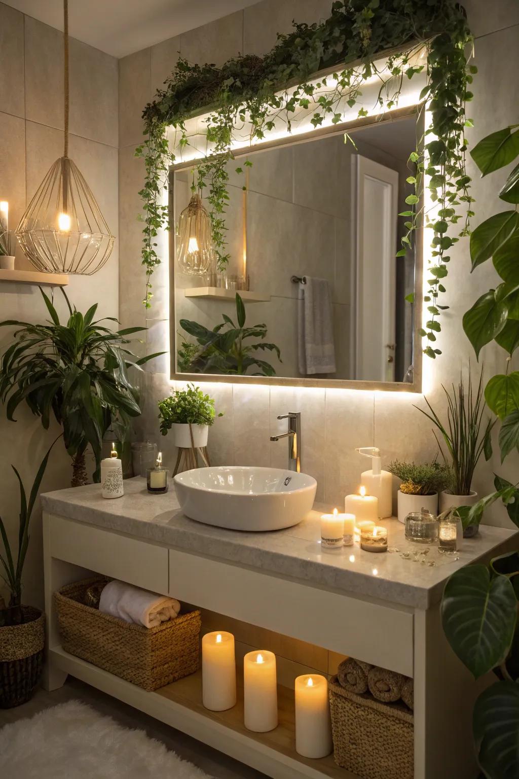 An individualized lavatory space elevated by a light-emitting diode reflective surface and ornamental nuances.