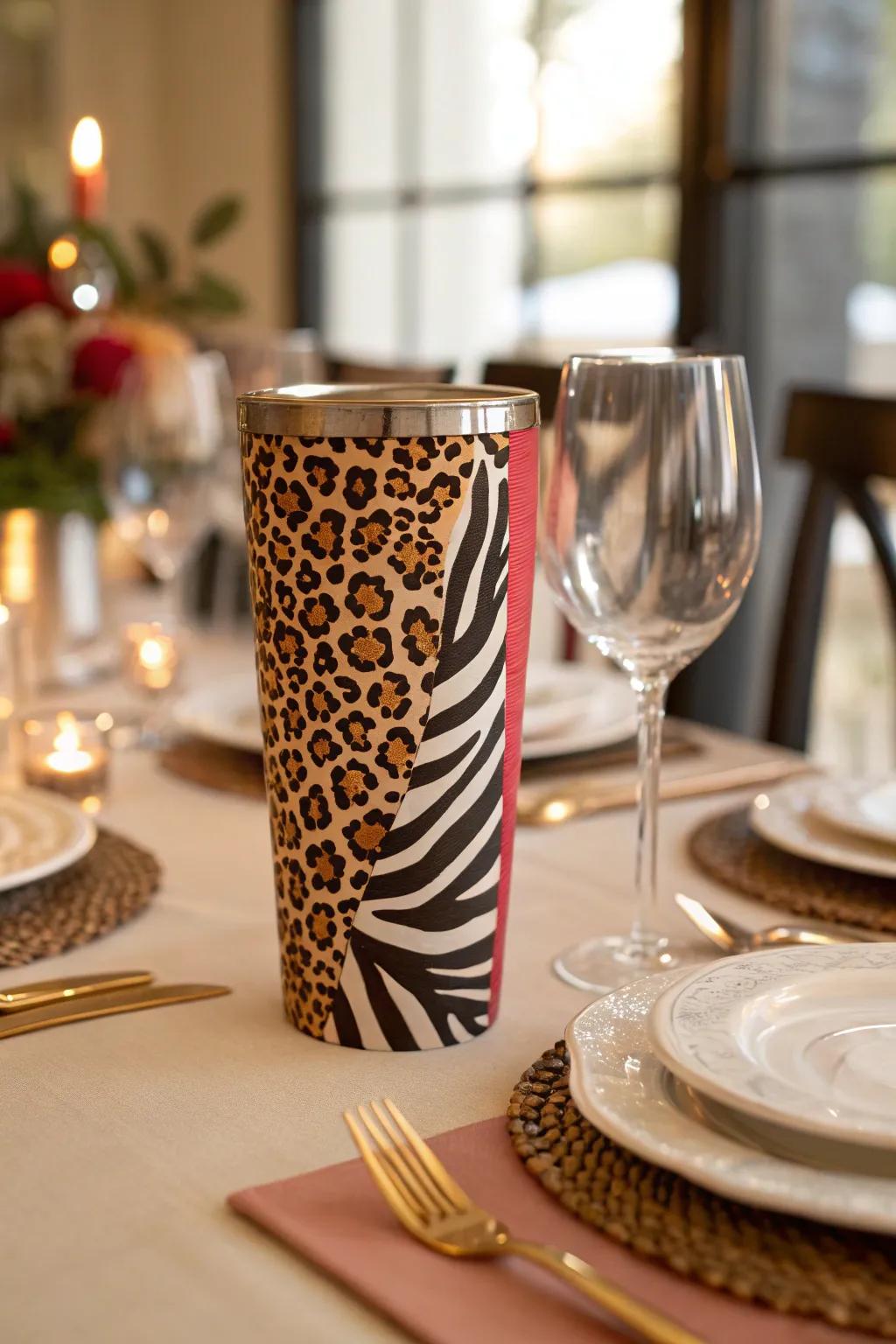 Stand out with a vibrant combination of animal patterns on your cup.