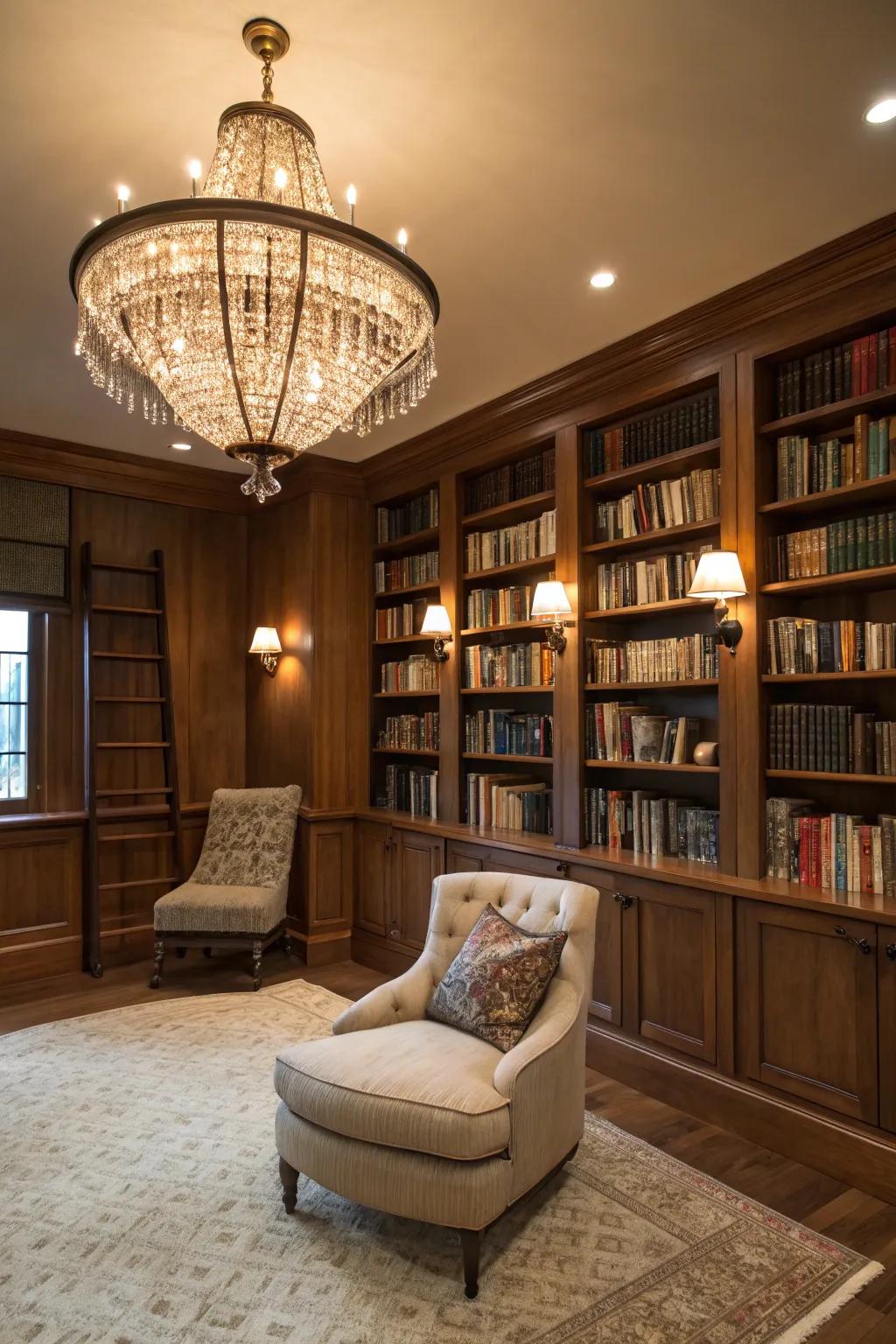 A statement overhead light fixture that brings elegance and warmth to the library.